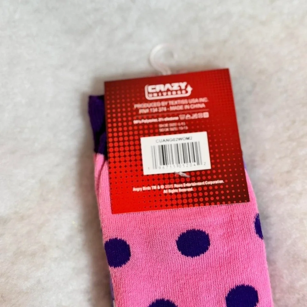 Angry Birds Pink and Purple Polka Dot Women's Crew Socks, Size 6-13 NEW